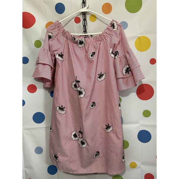 NWOT Ces Femme Size S Off The Shoulder Dress Pinstriped Floral - Picture 7 of 16